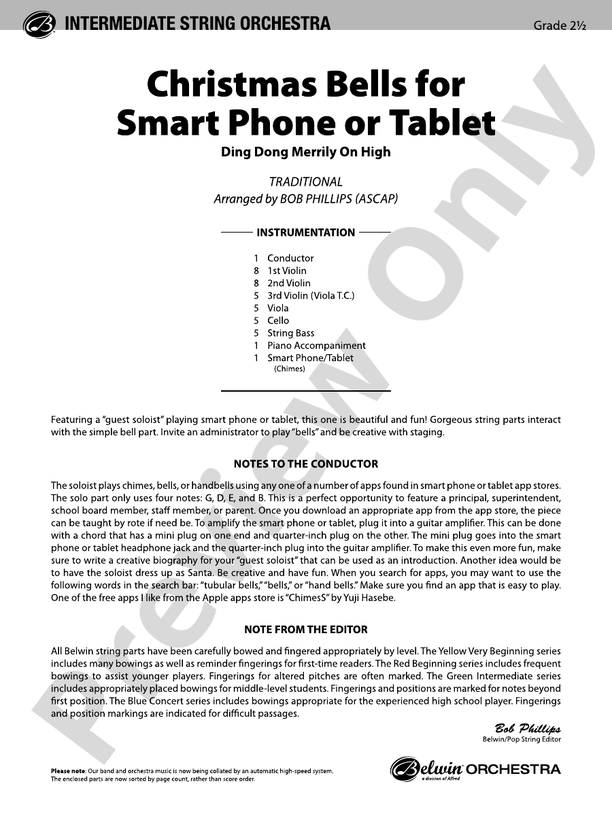 Christmas Bells for Smart Phone or Tablet – String Orchestra Conductor Score & Parts (Digital Download)
