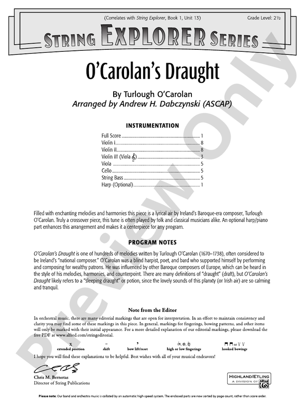 O'Carolan's Draught - String Orchestra Conductor Score & Parts (Digital Download)