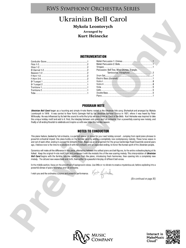 Ukrainian Bell Carol - Full Orchestra Conductor Score & Parts (Digital Download)