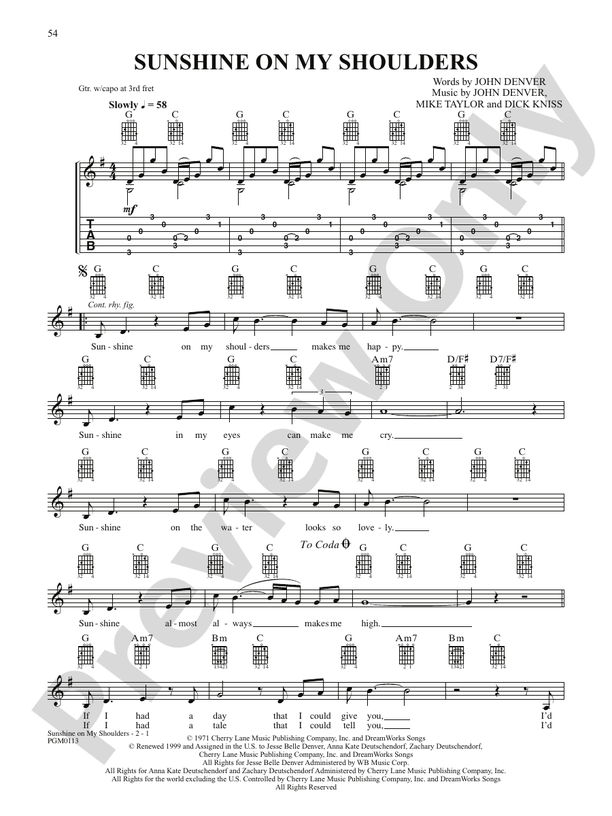 Sunshine on My Shoulders - Interm./Easy Guitar TAB (Digital Download)