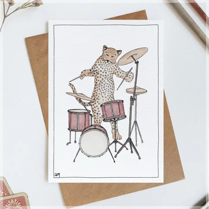 Greeting Card a Leopard Playing the Drums