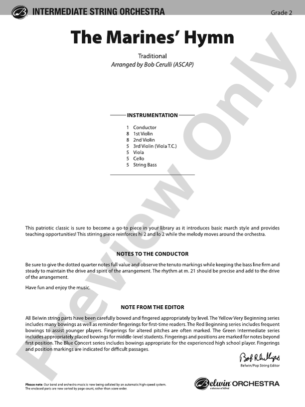 The Marines' Hymn - String Orchestra Conductor Score & Parts (Digital Download)