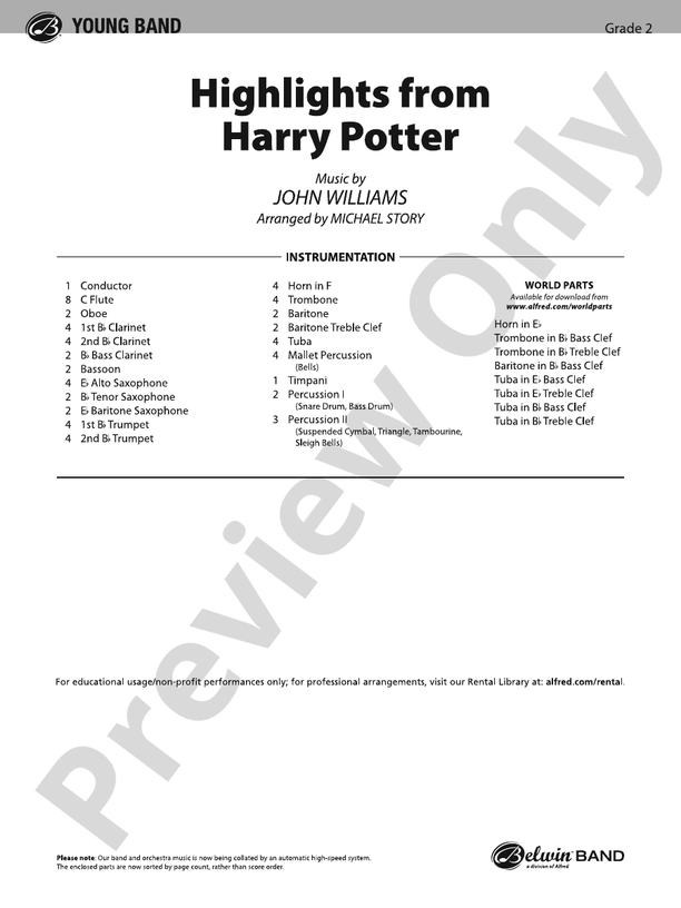Harry Potter, Highlights from - Concert Band Conductor Score & Parts (Digital Download)
