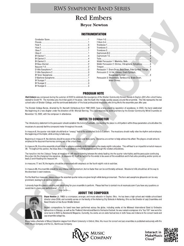 Red Embers - Concert Band Conductor Score & Parts (Digital Download)