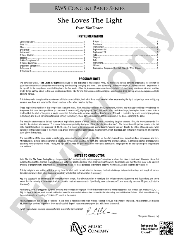 She Loves the Light - Concert Band Conductor Score & Parts (Digital Download)