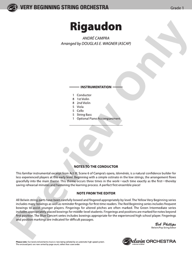 Rigaudon (Grade 1) – Belwin Very Beginning String Orchestra Conductor Score & Parts (Digital Download)