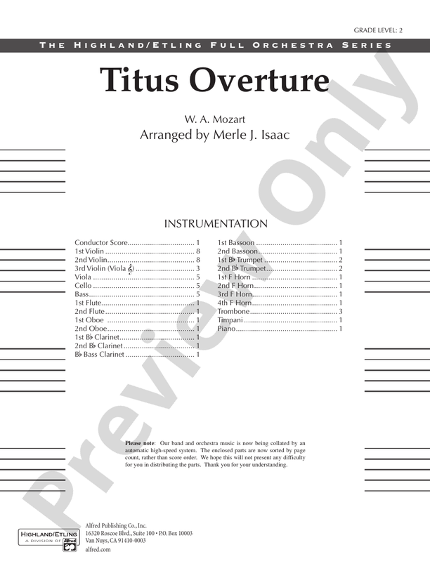 Titus Overture – Full Orchestra Conductor Score & Parts (Digital Download)