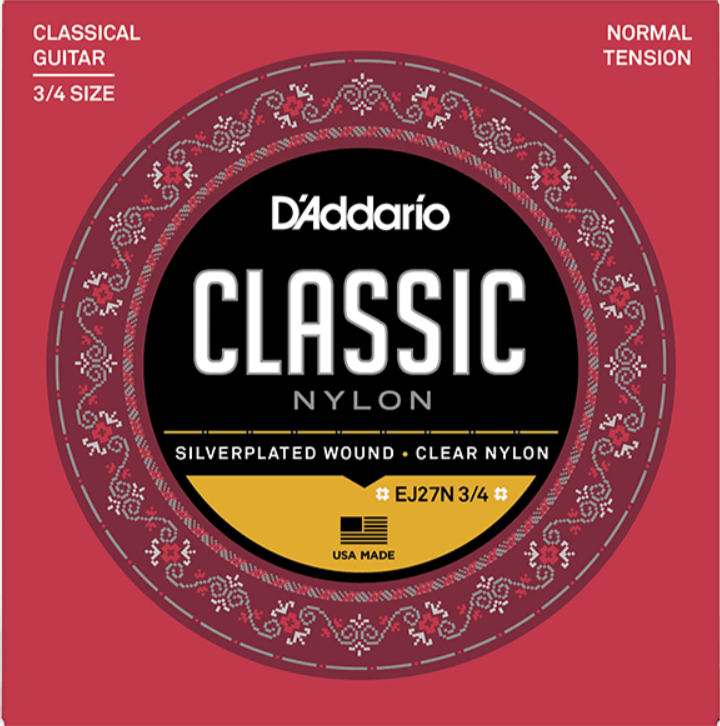 Classical Guitar Strings - D'Addario 3/4 Normal Tension Nylon Student Classical Strings EJ27N 3/4