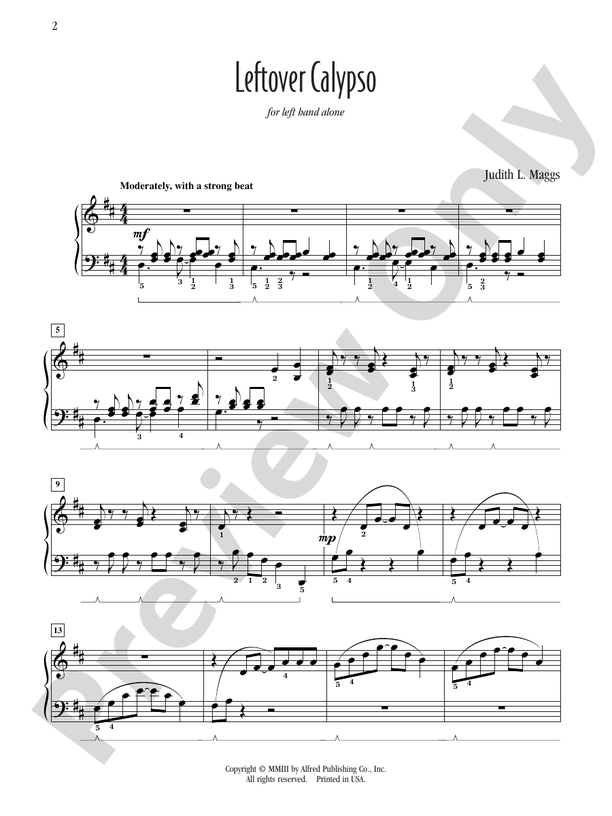 Leftover Calypso (for left hand alone) - Piano Solo (Digital Download)