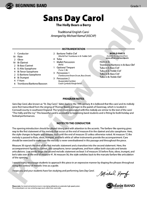 Sans Day Carol - Concert Band Conductor Score & Parts (Digital Download)