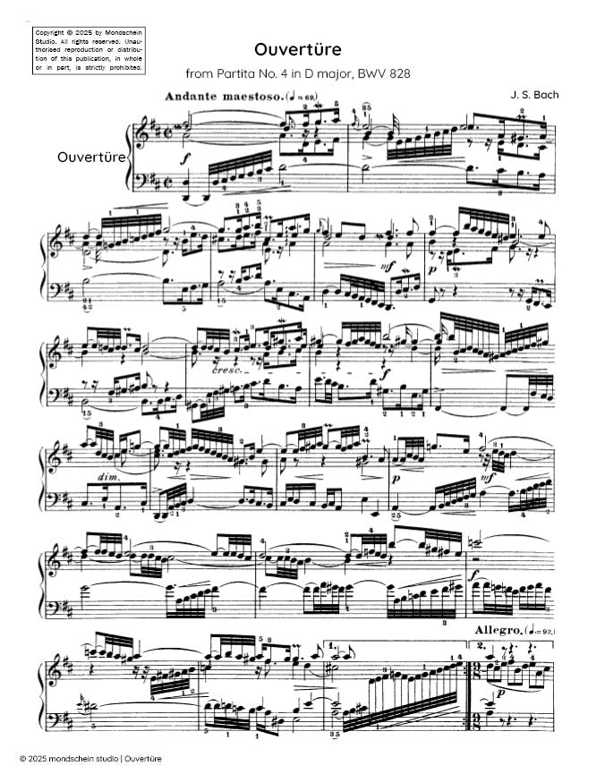 Bach - Ouverture from Partita No. 4 in D major, BWV 828 - Mondschein Studio - Piano (Digital Download)