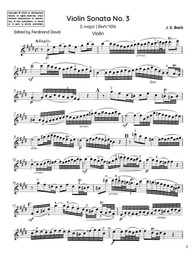Bach - Violin Sonata No. 3 in E major for Violin and Harpsichord, BWV 1016 - Violin Part (Digital Download)