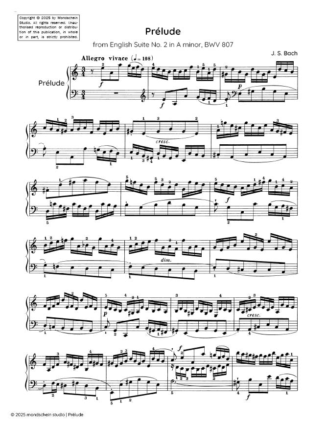 Bach - Prelude from English Suite No. 2 in A minor, BWV 807 - Mondschein Studio - Piano (Digital Download)