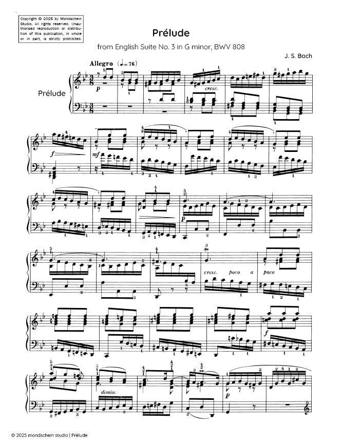Bach - Prelude from English Suite No. 3 in G minor, BWV 808 - Mondschein Studio - Piano (Digital Download)