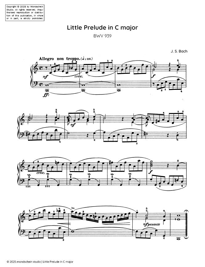 Bach - Little Prelude in C major, BWV 939 - Mondschein Studio - Piano (Digital Download)