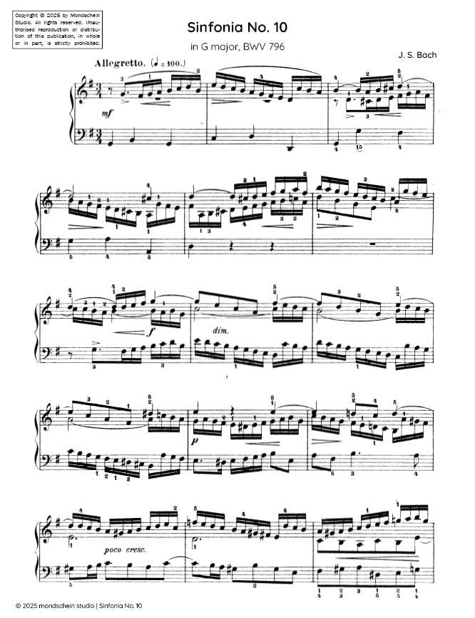 Bach - Sinfonia No. 10 in G major, BWV 796 - Mondschein Studio - Piano (Digital Download)