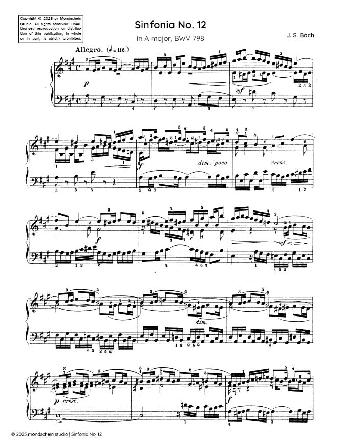 Bach - Sinfonia No. 12 in A major, BWV 798 - Mondschein Studio - Piano (Digital Download)
