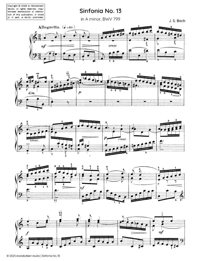 Bach - Sinfonia No. 13 in A minor, BWV 799 - Mondschein Studio - Piano (Digital Download)