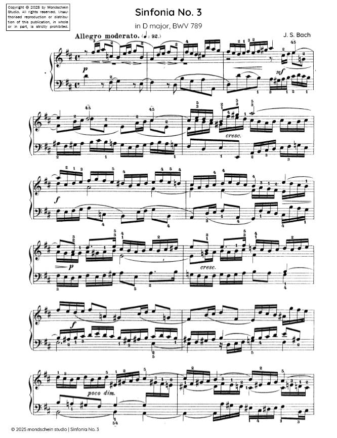 Bach - Sinfonia No. 3 in D major, BWV 789 - Mondschein Studio - Piano (Digital Download)