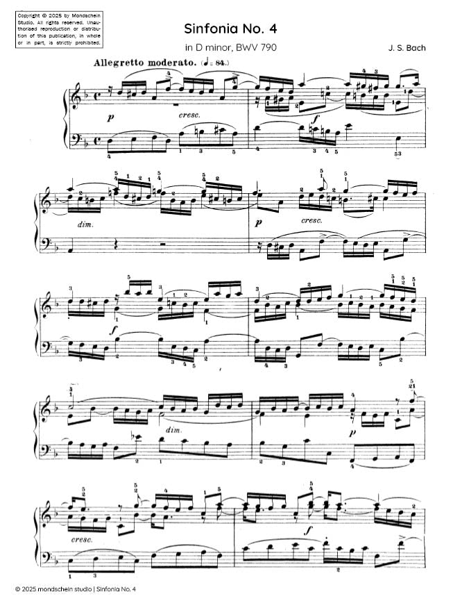 Bach - Sinfonia No. 4 in D minor, BWV 790 - Mondschein Studio - Piano (Digital Download)