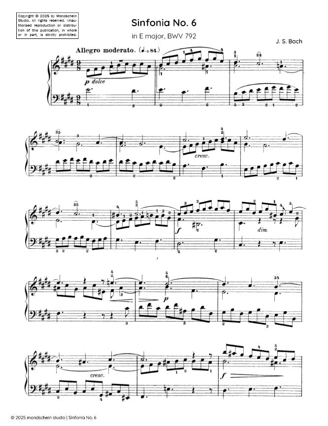 Bach - Sinfonia No. 6 in E major, BWV 792 - Mondschein Studio - Piano (Digital Download)
