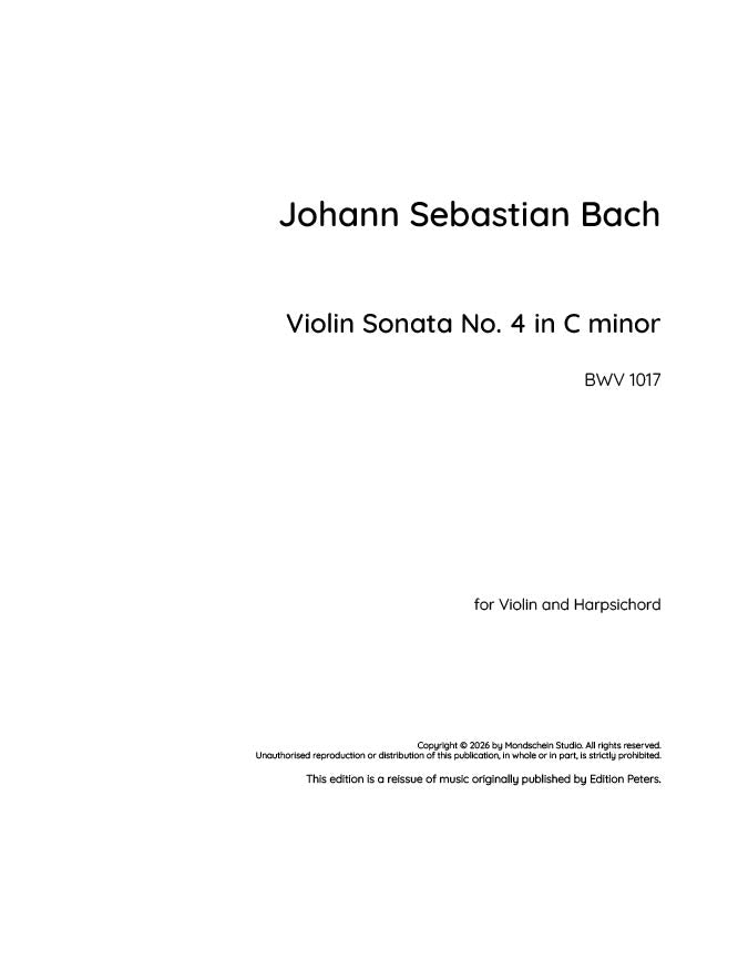 Bach - Violin Sonata No. 4 in C minor for Violin and Harpsichord, BWV 1017 - Violin/Piano Accompaniment (Digital Download)