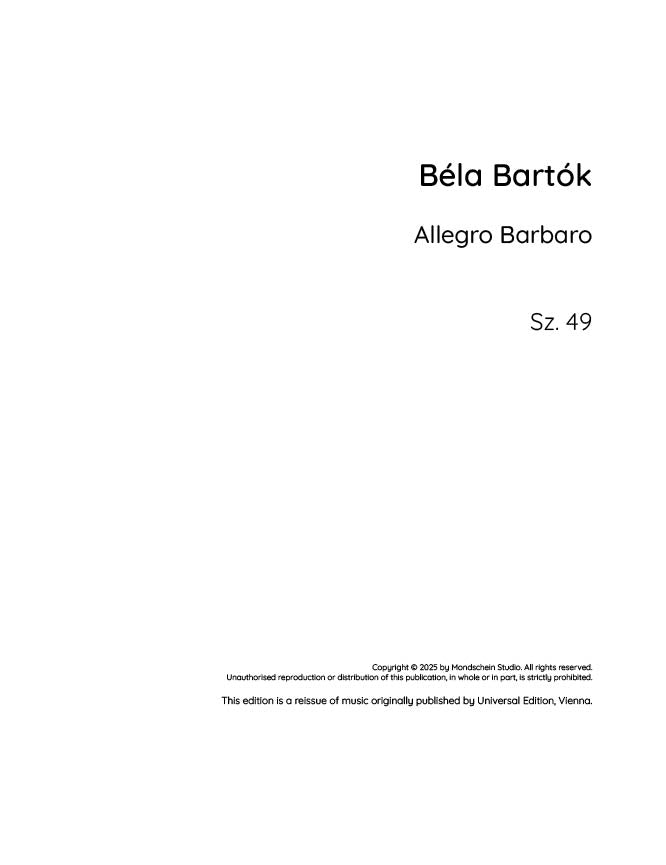 Bartok - Allegro Barbaro, Sz. 49 - Mondschein Studio - Piano (Digital Download)