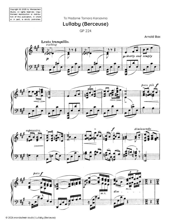 Bax - Lullaby (Berceuse), GP 224 - Mondschein Studio - Piano (Digital Download)