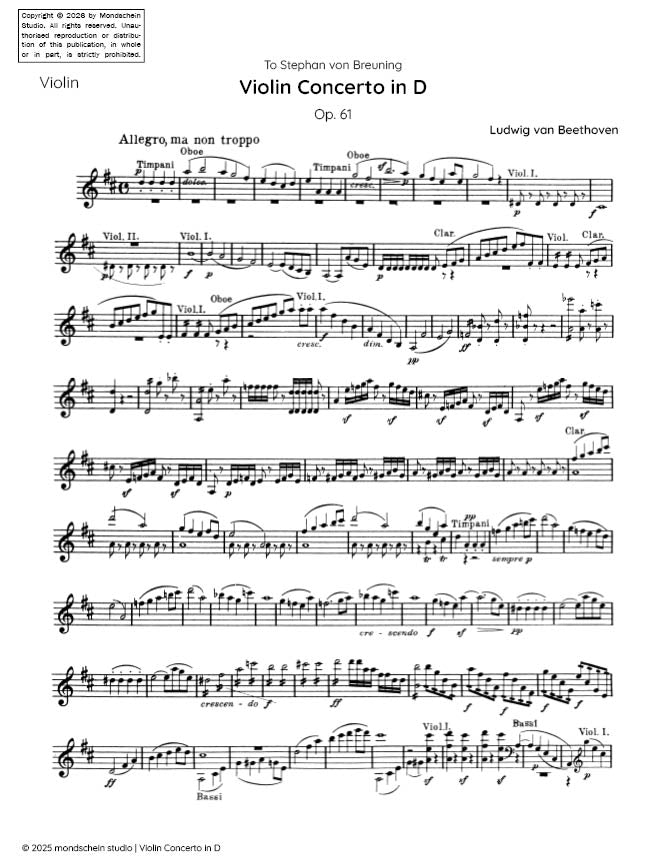 Beethoven - Violin Concerto in D, Op. 61 - Violin Part (Digital Download)
