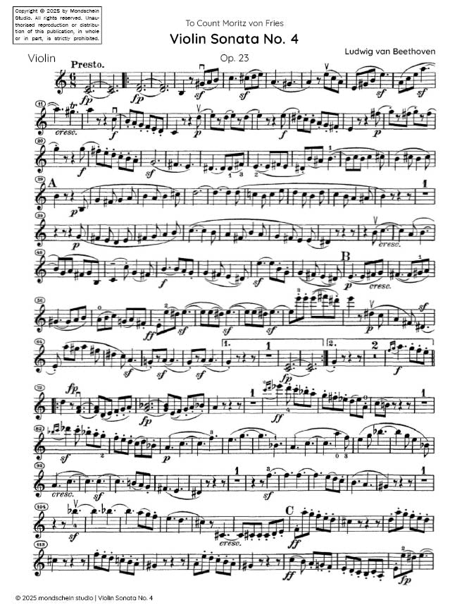 Beethoven - Violin Sonata No. 4 in A minor, Op. 23 - Mondschein Studio - Violin Part (Digital Download)