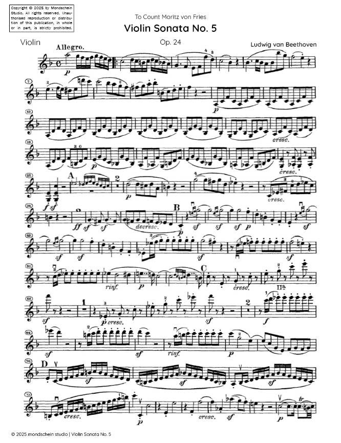 Beethoven - Violin Sonata No. 5 in F major "Spring", Op. 24 - Mondschein Studio - Violin Part (Digital Download)