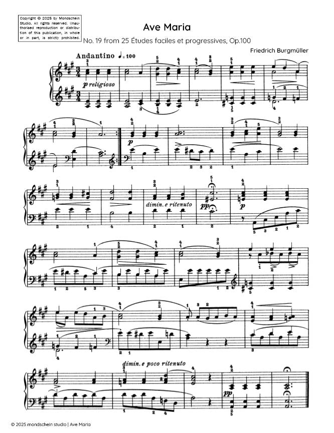 Burgmuller - Ave Maria, Op. 100, No. 19 - Mondschein Studio - Piano (Digital Download)