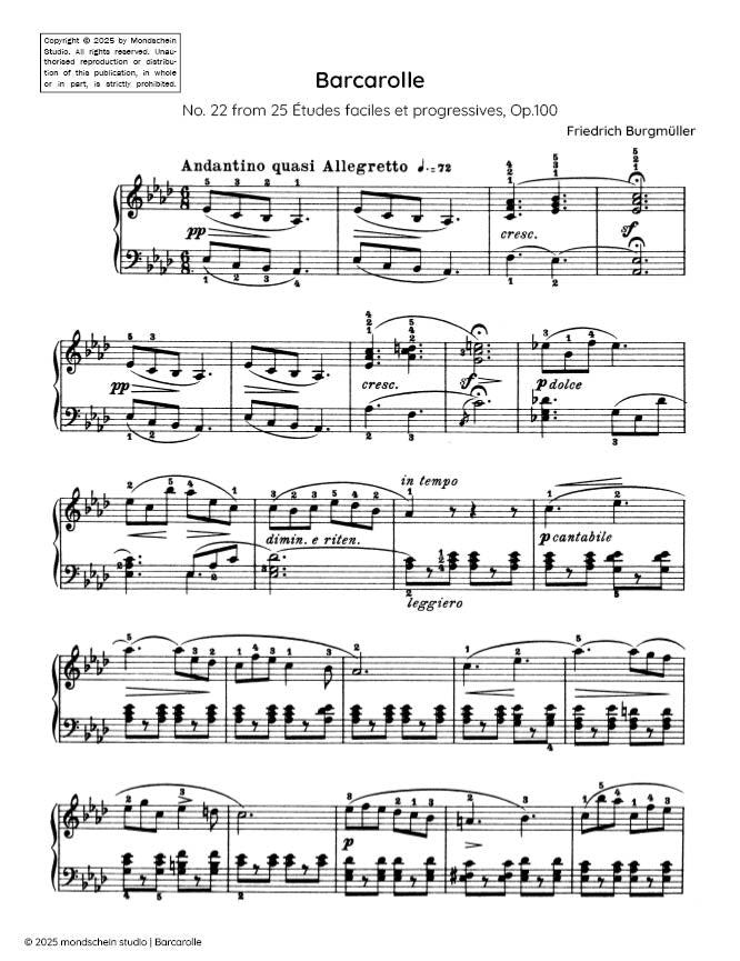 Burgmuller - Barcarolle, Op. 100, No. 22 - Mondschein Studio - Piano (Digital Download)