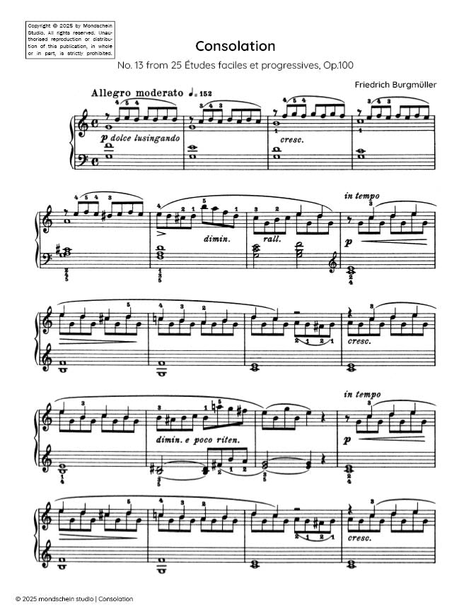 Burgmuller - Consolation, Op. 100, No. 13 - Mondschein Studio - Piano (Digital Download)