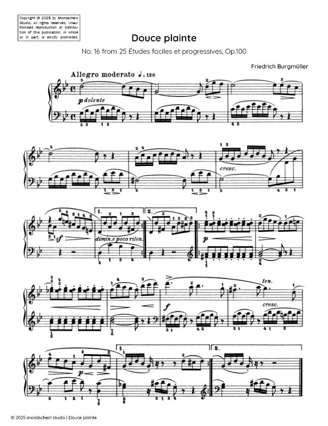 Burgmuller - Douce plainte, Op. 100, No. 16 - Mondschein Studio - Piano (Digital Download)
