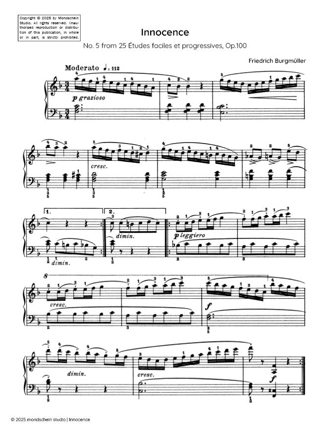 Burgmuller - Innocence, Op. 100, No. 5 - Mondschein Studio - Piano (Digital Download)