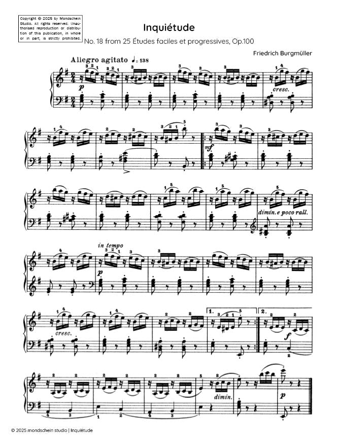 Burgmuller - Inquietude, Op. 100, No. 18 - Mondschein Studio - Piano (Digital Download)