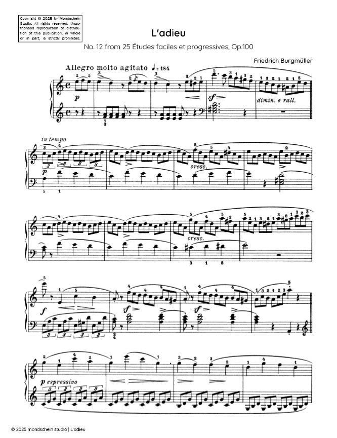 Burgmuller - L'adieu, Op. 100, No. 12 - Mondschein Studio - Piano (Digital Download)