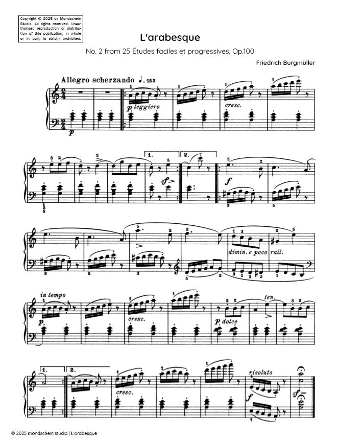 Burgmuller - L'arabesque, Op. 100, No. 2 - Mondschein Studio - Piano (Digital Download)