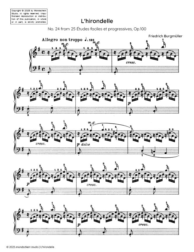 Burgmuller - L'hirondelle, Op. 100, No. 24 - Mondschein Studio - Piano (Digital Download)