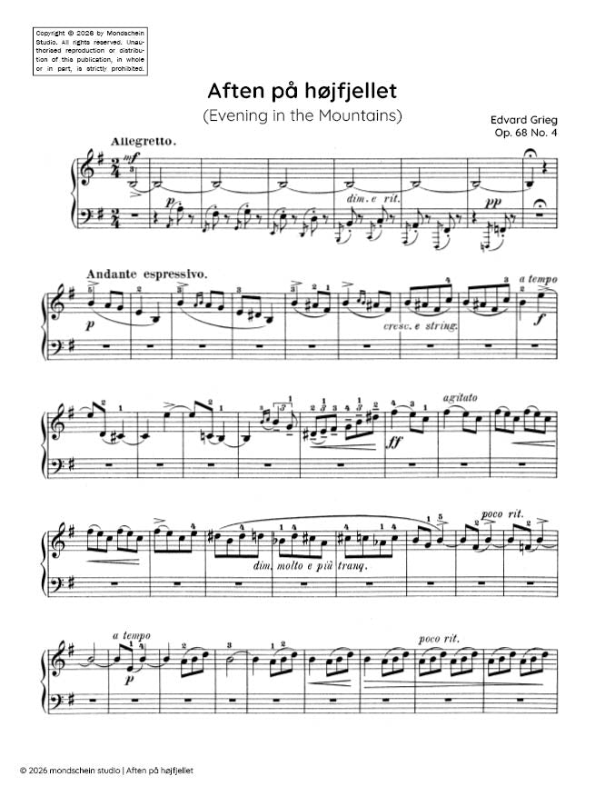 Grieg - Aften pa hojfjellet (Evening in the Mountains), Op. 68 No. 4 - Piano (Digital Download)