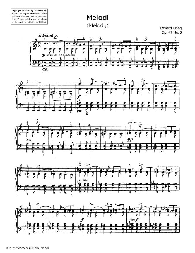 Grieg - Melodi (Melody), Op. 47 No. 3 - Piano (Digital Download)