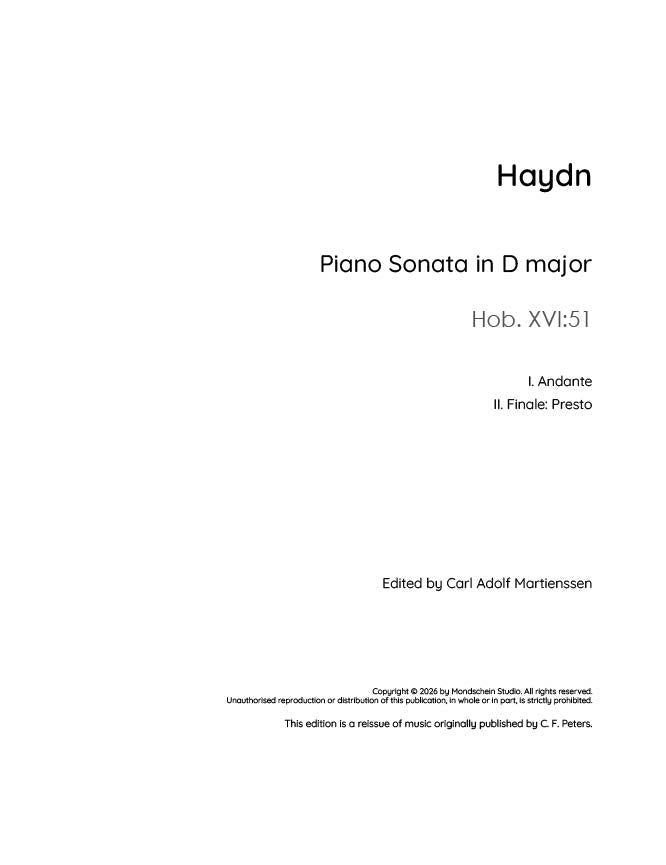 Haydn - Sonata in D major, Hob. XVI:51 - Mondschein Studio - Piano (Digital Download)