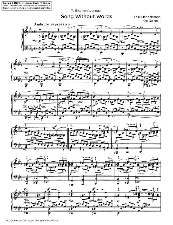 Mendelssohn - Song Without Words, Op. 30 No. 1 - Mondschein Studio - Piano (Digital Download)