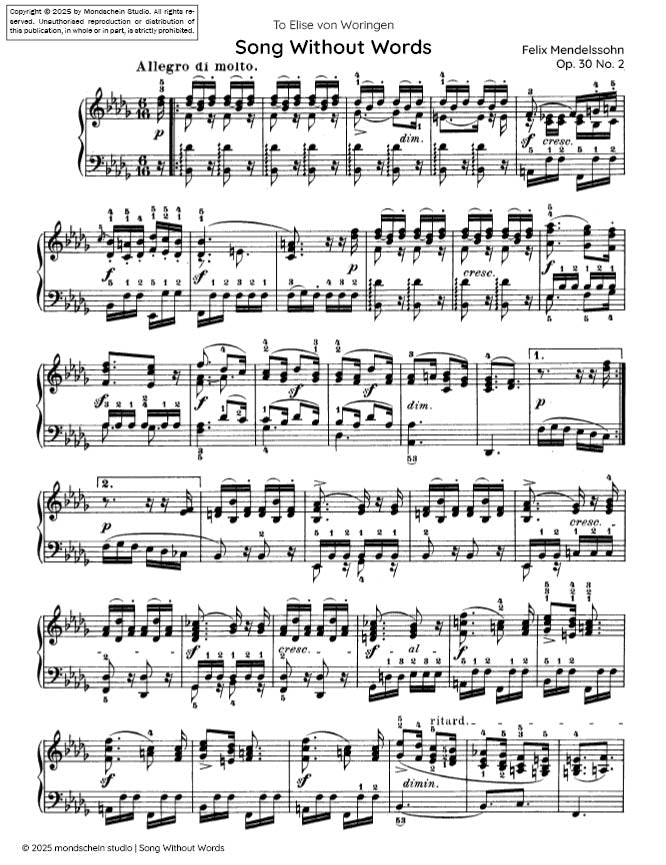 Mendelssohn - Song Without Words, Op. 30 No. 2 - Mondschein Studio - Piano (Digital Download)
