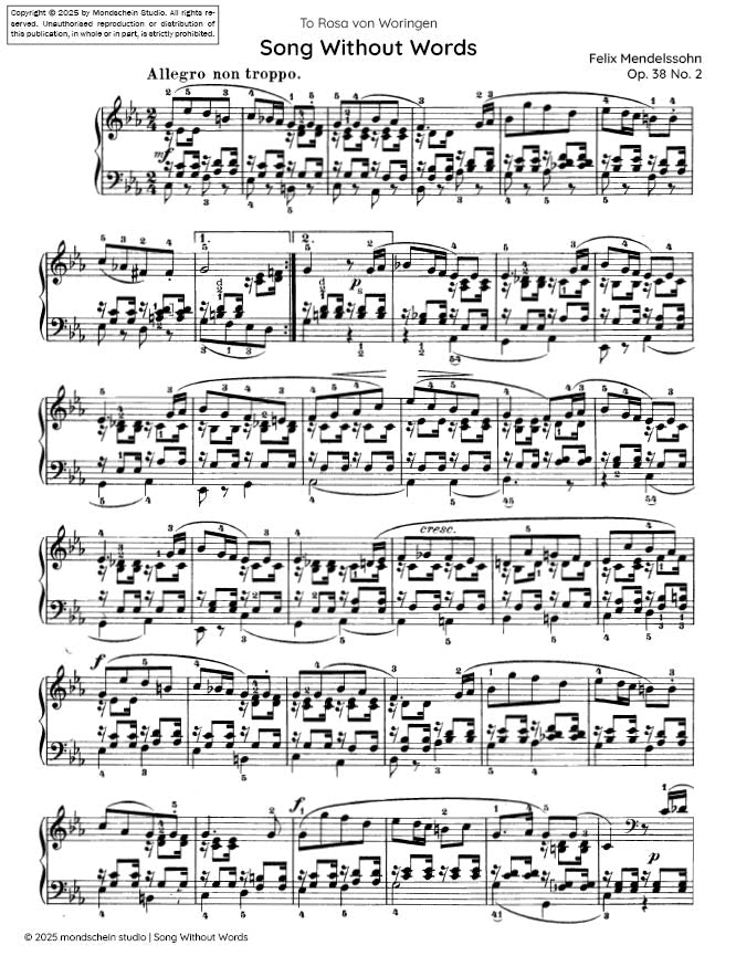 Mendelssohn - Song Without Words, Op. 38 No. 2 - Mondschein Studio - Piano (Digital Download)
