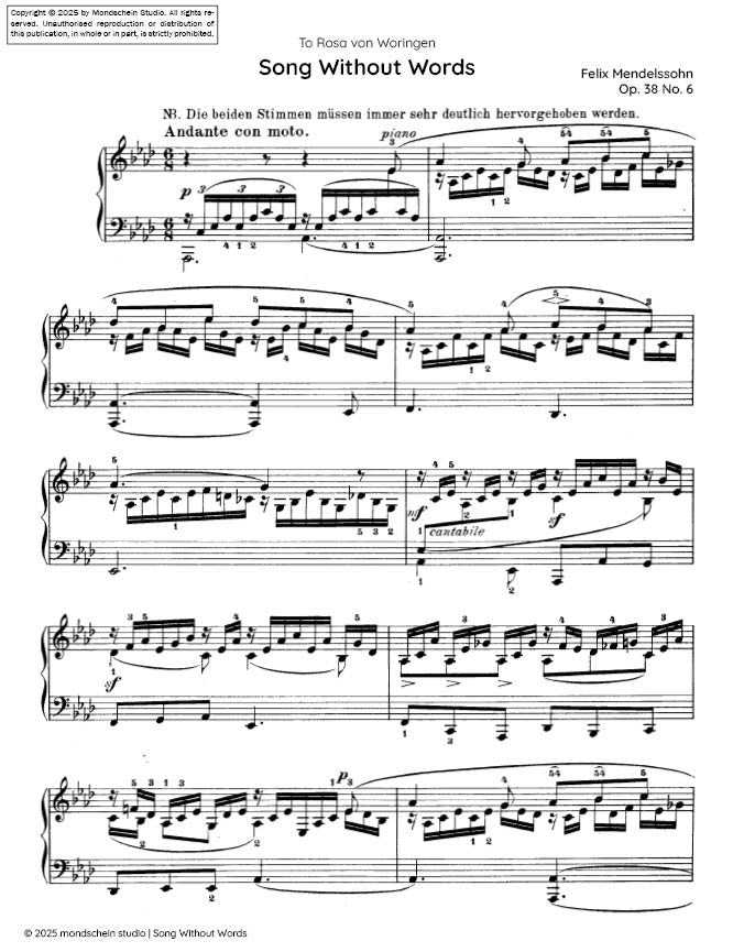 Mendelssohn - Song Without Words, Op. 38 No. 6 - Mondschein Studio - Piano (Digital Download)