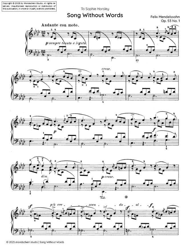 Mendelssohn - Song Without Words, Op. 53 No. 1 - Mondschein Studio - Piano (Digital Download)