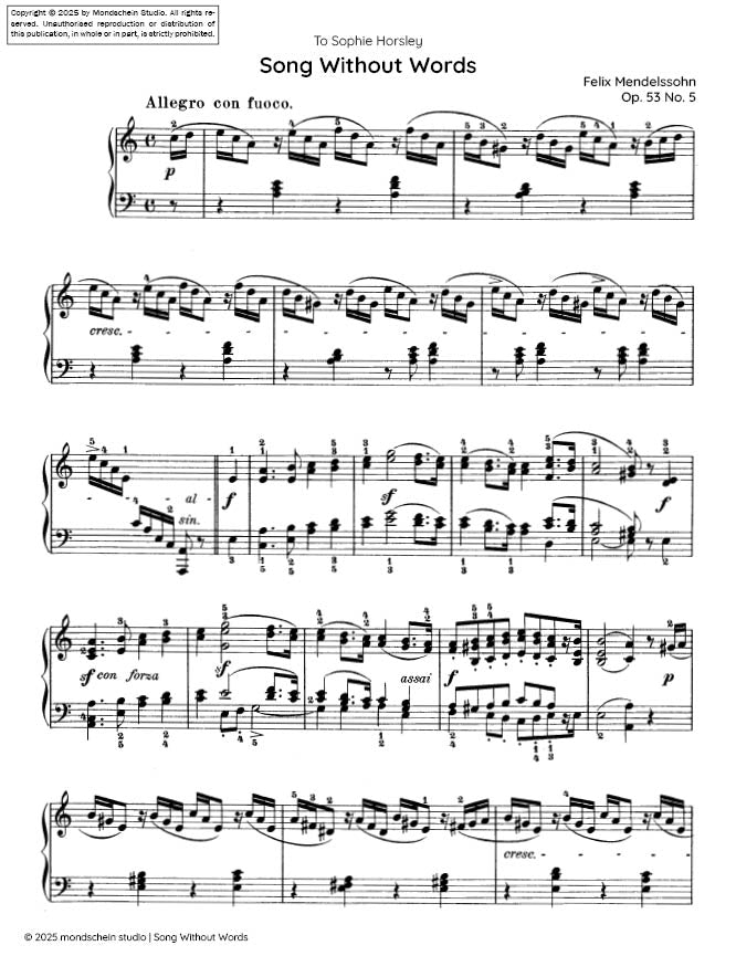Mendelssohn - Song Without Words, Op. 53 No. 5 - Mondschein Studio - Piano (Digital Download)