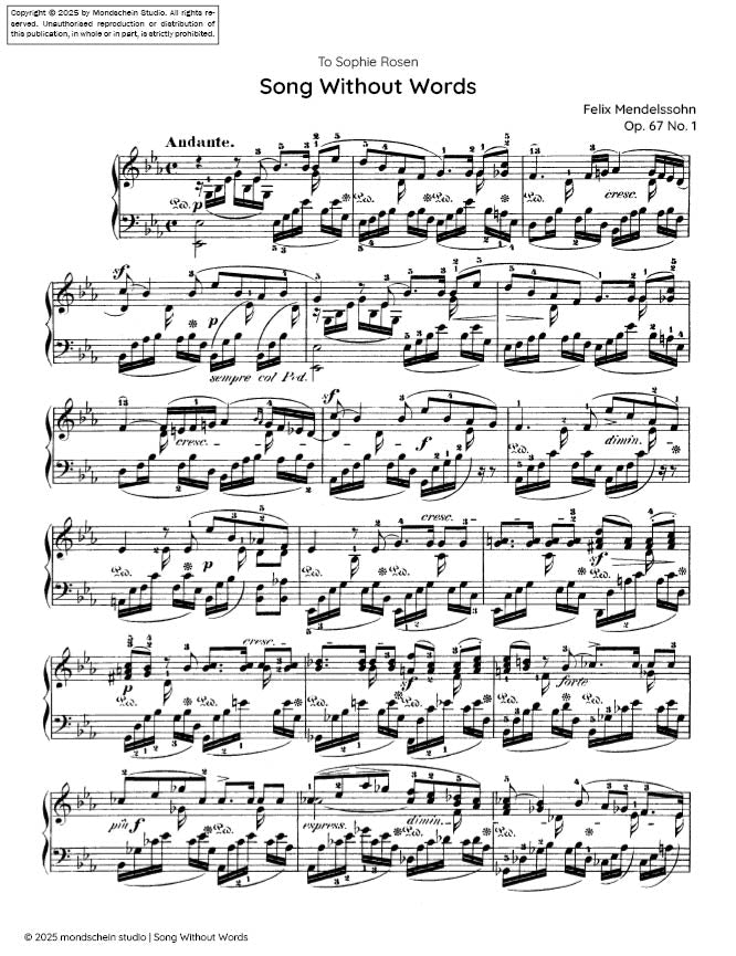 Mendelssohn - Song Without Words, Op. 67 No. 1 - Mondschein Studio - Piano (Digital Download)
